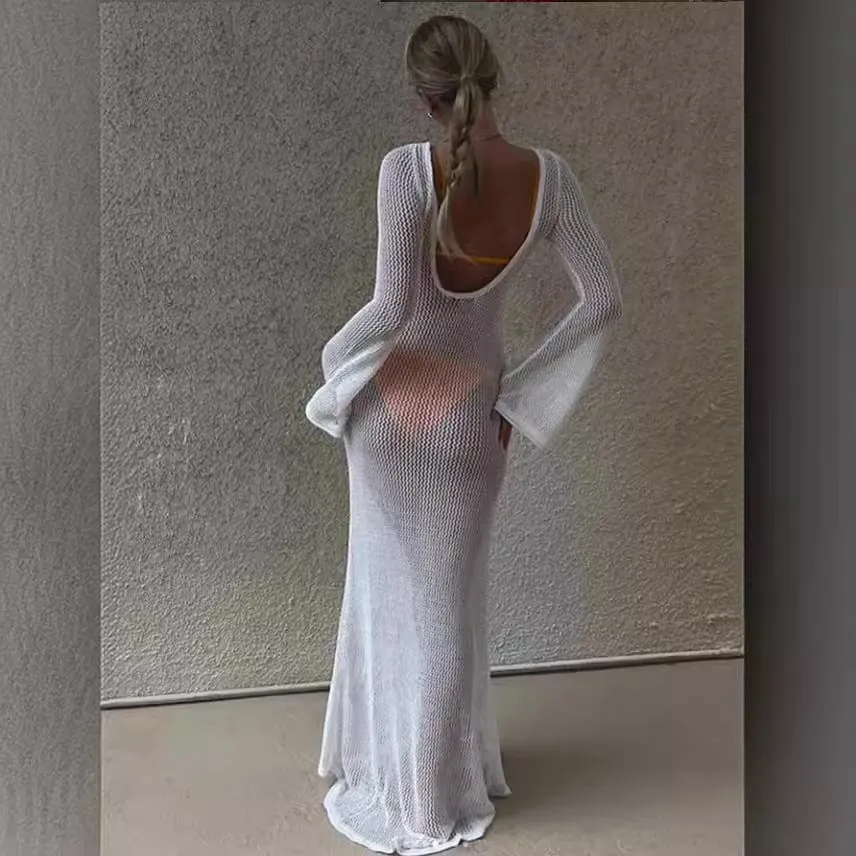HULIANFU 2025 women's clothing summer  new knitted long-sleeved backless emotional perspective mopping long dress dress