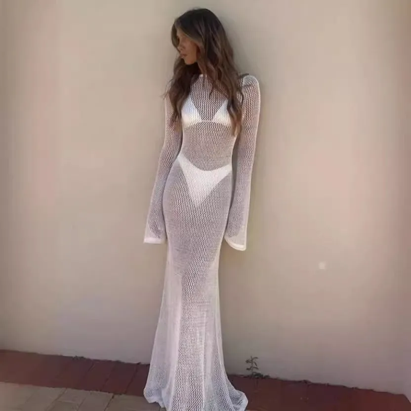 HULIANFU 2025 women's clothing summer  new knitted long-sleeved backless emotional perspective mopping long dress dress