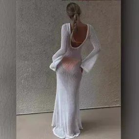 HULIANFU 2025 women's clothing summer  new knitted long-sleeved backless emotional perspective mopping long dress dress