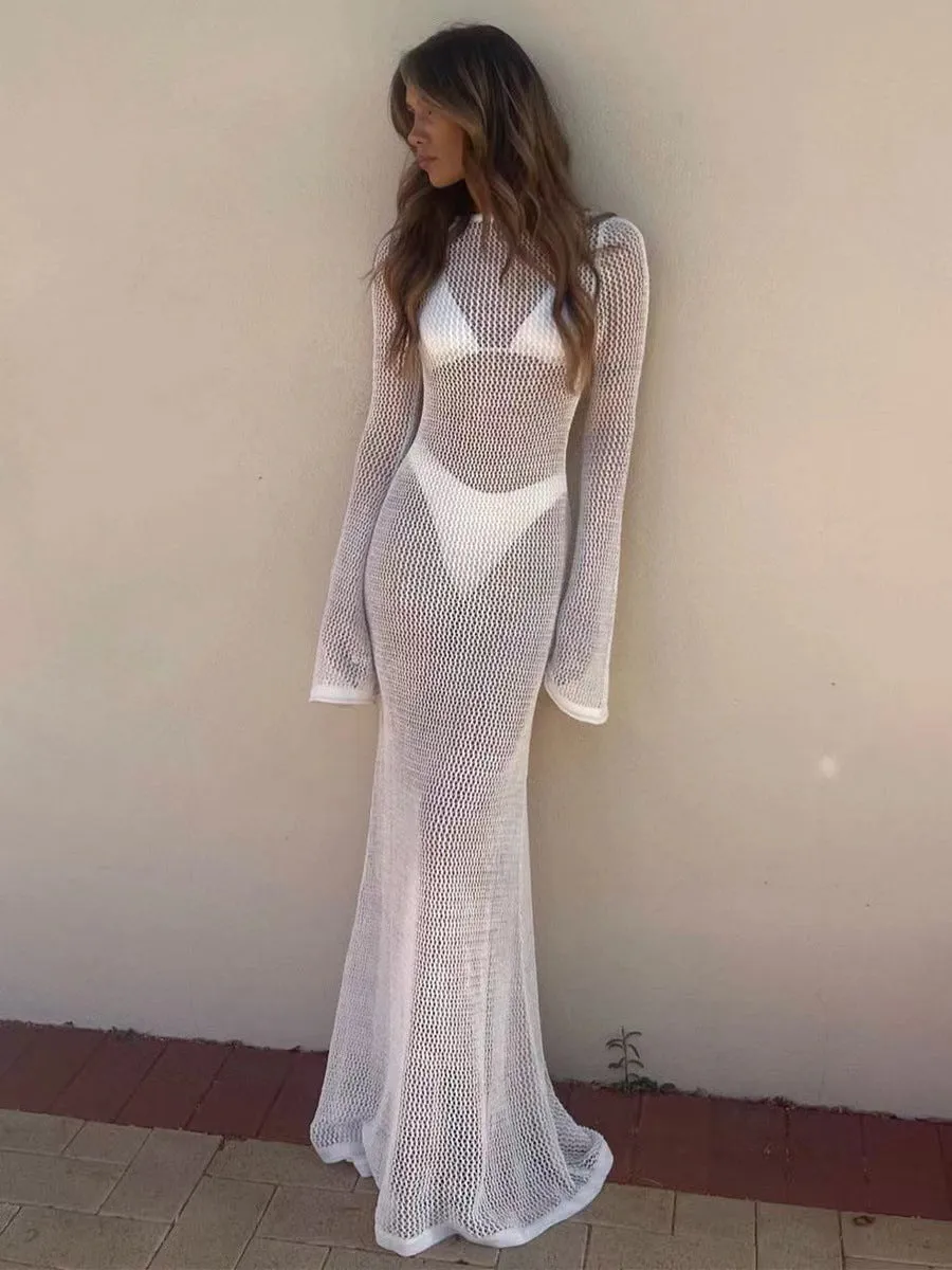 HULIANFU 2025 women's clothing summer  new knitted long-sleeved backless emotional perspective mopping long dress dress