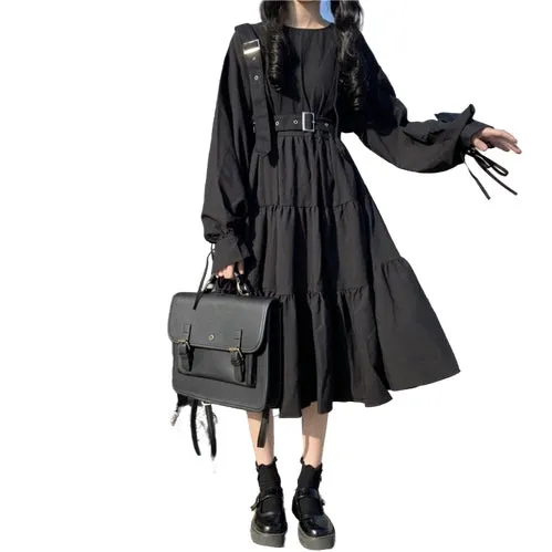 Japanese College Style High Waist Ruffled Hem A-line Dress