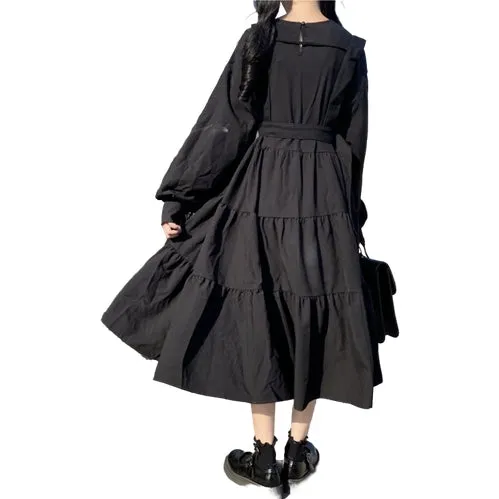 Japanese College Style High Waist Ruffled Hem A-line Dress