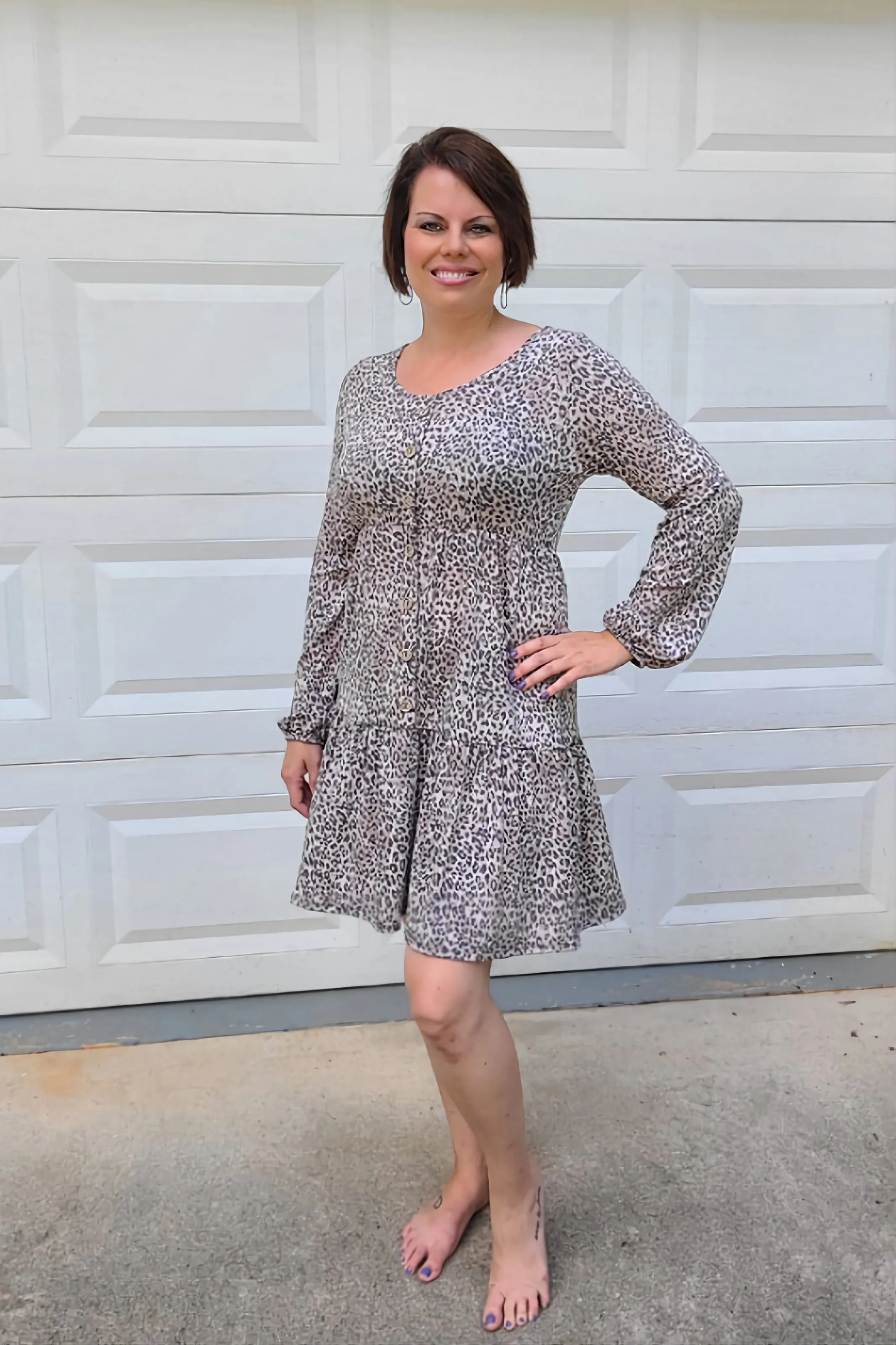 Leopard Print Long Sleeved Tiered Dress in Mocha