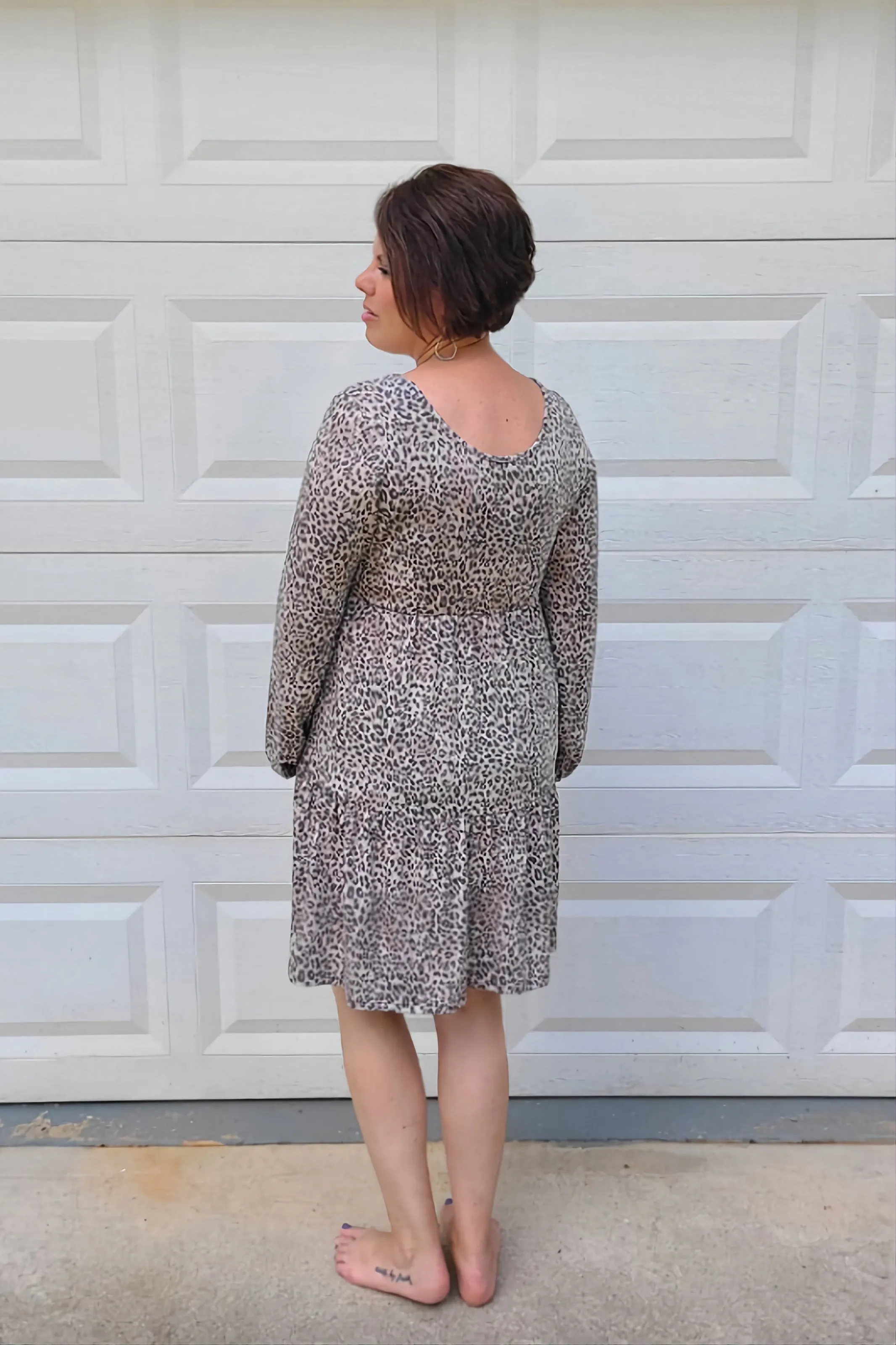 Leopard Print Long Sleeved Tiered Dress in Mocha
