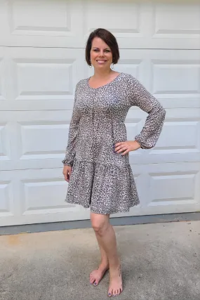 Leopard Print Long Sleeved Tiered Dress in Mocha