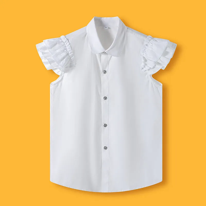 Little Boys Girls White Cotton Short Sleeve Junior Primary School Uniform Shirt