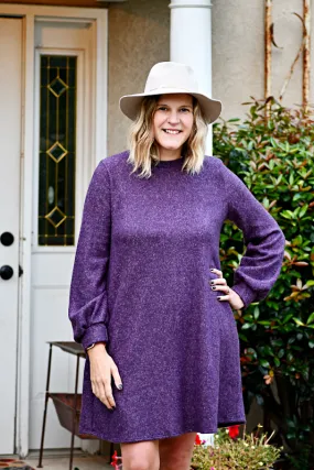 Long Puff Sleeve Macaron Brushed Mini Dress in Purple