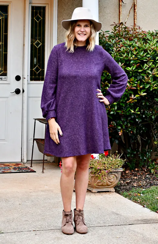 Long Puff Sleeve Macaron Brushed Mini Dress in Purple