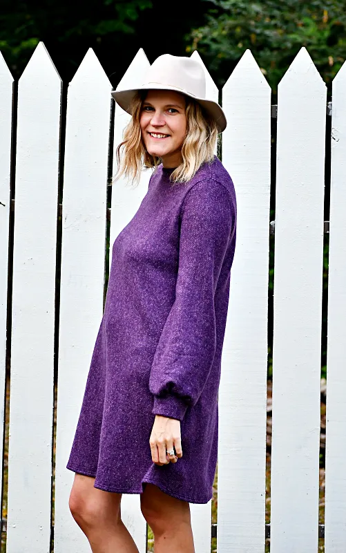 Long Puff Sleeve Macaron Brushed Mini Dress in Purple