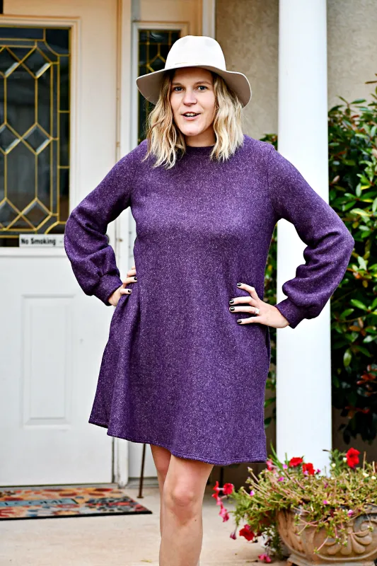 Long Puff Sleeve Macaron Brushed Mini Dress in Purple