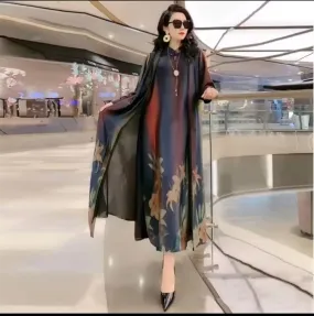 Loose Silk-Blend Printed Dress Two Pcs Set 100060