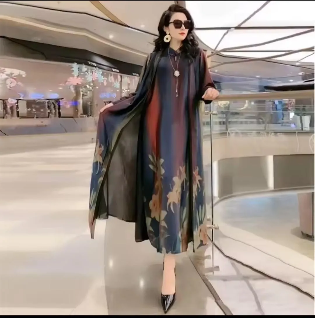 Loose Silk-Blend Printed Dress Two Pcs Set 100060
