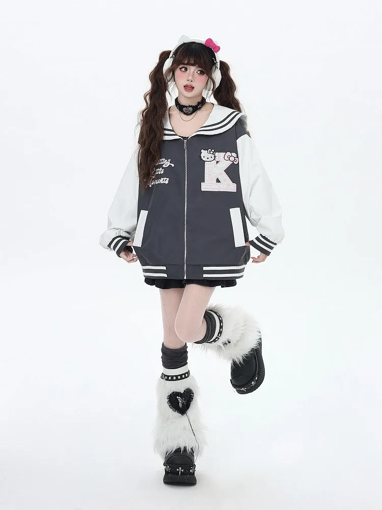 Navy Blue/Gray Sailor Collar Kitty Embroidered Baseball Jacket