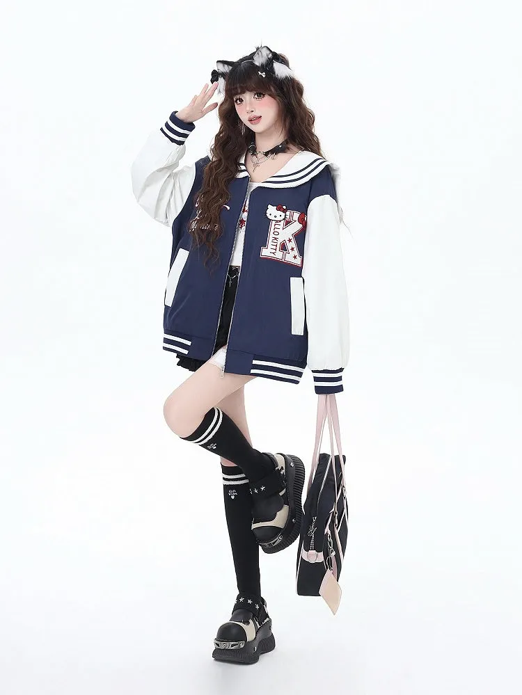 Navy Blue/Gray Sailor Collar Kitty Embroidered Baseball Jacket