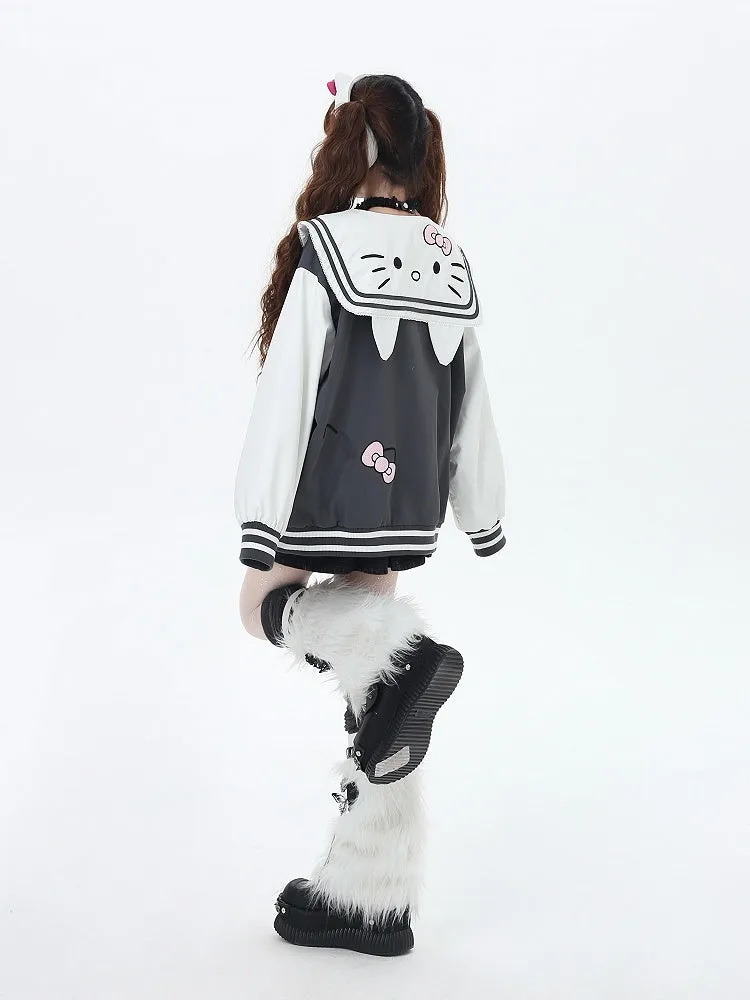 Navy Blue/Gray Sailor Collar Kitty Embroidered Baseball Jacket