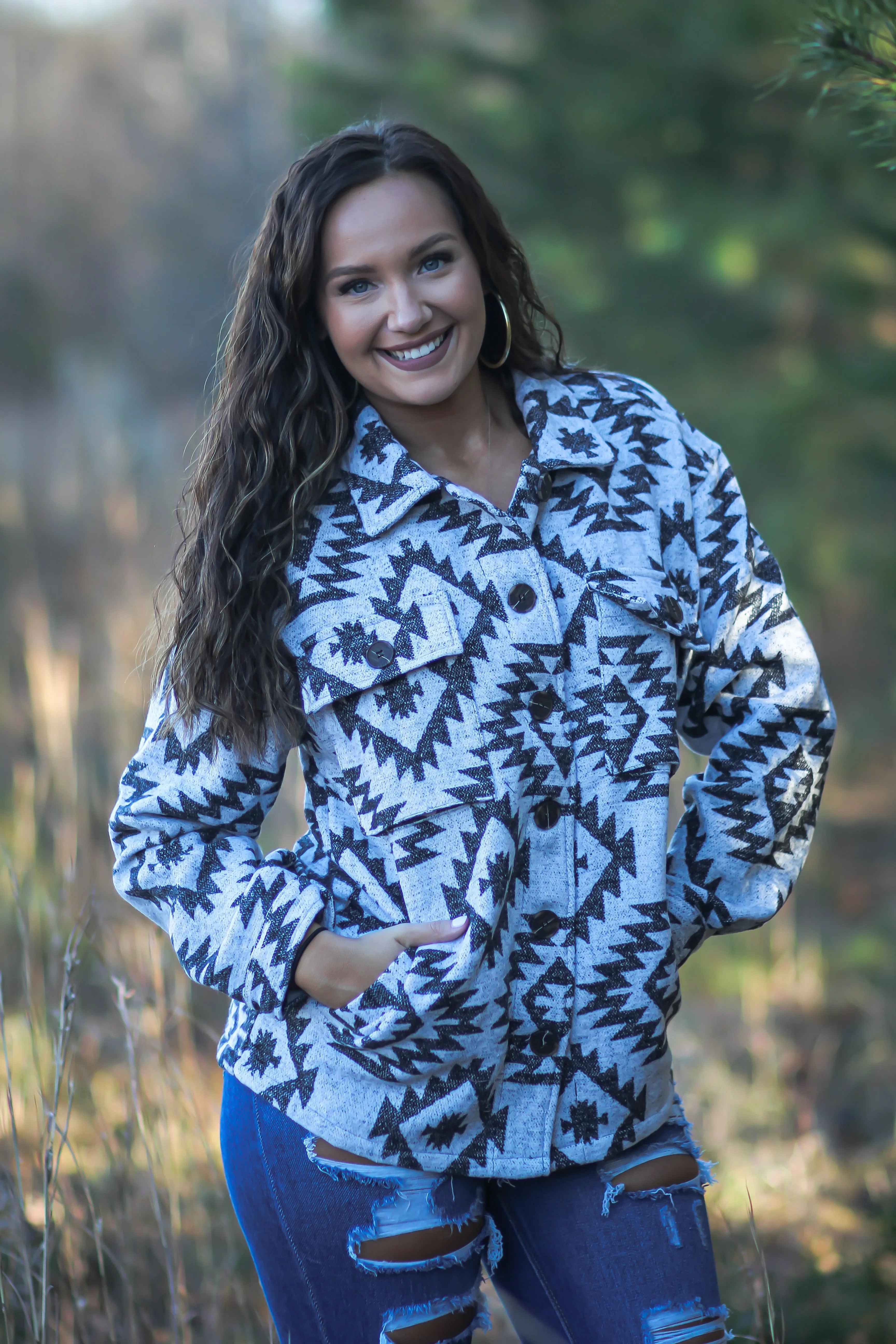 Oatmeal & Black Aztec Button Down Jacket