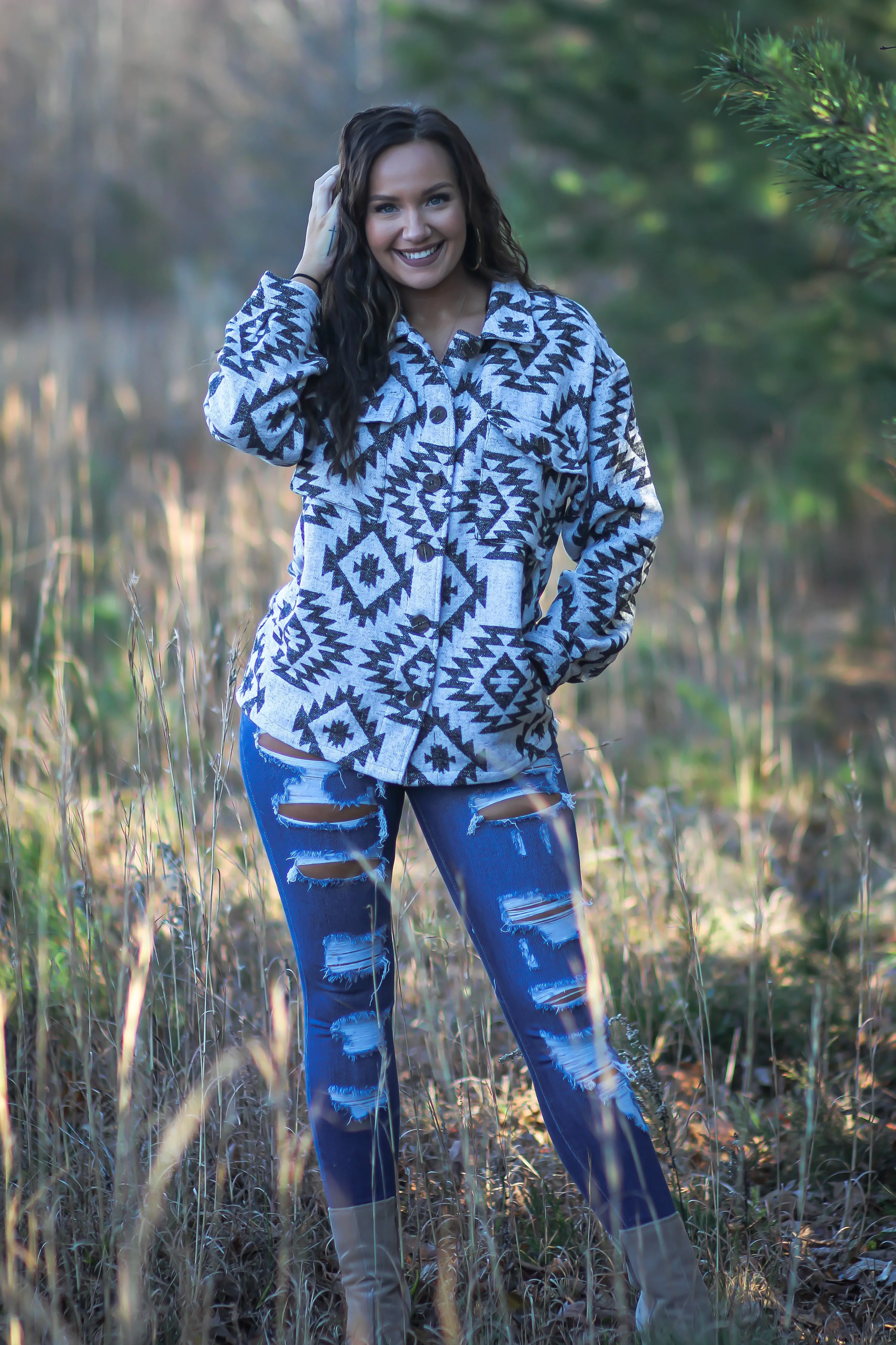 Oatmeal & Black Aztec Button Down Jacket