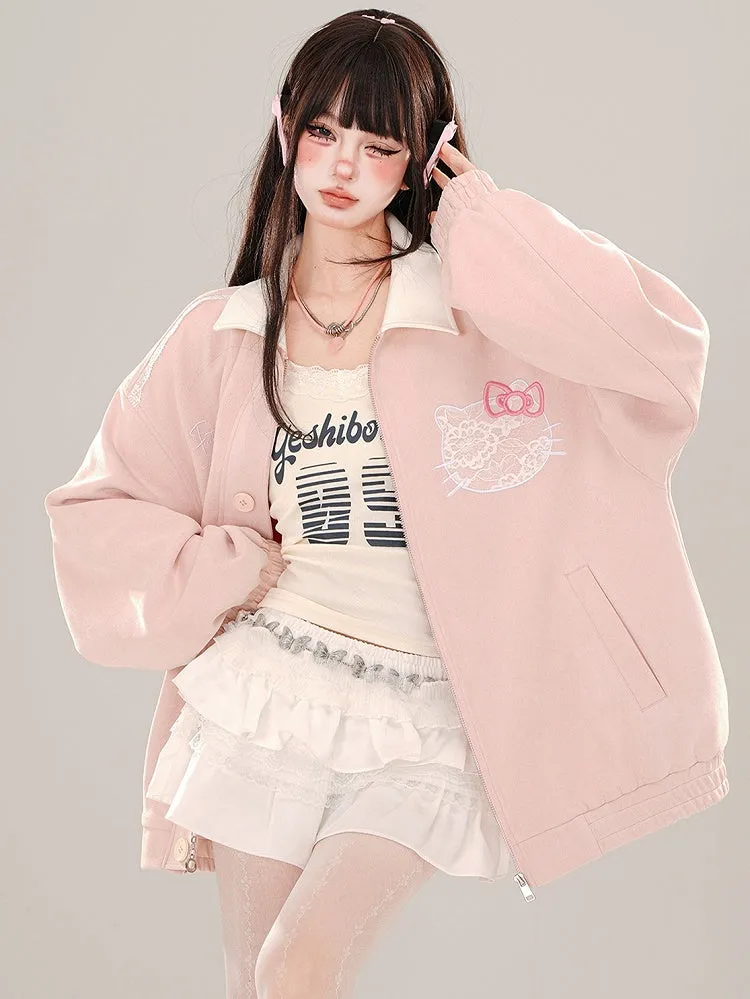 Pink Kitty Embroidery Baseball Jacket