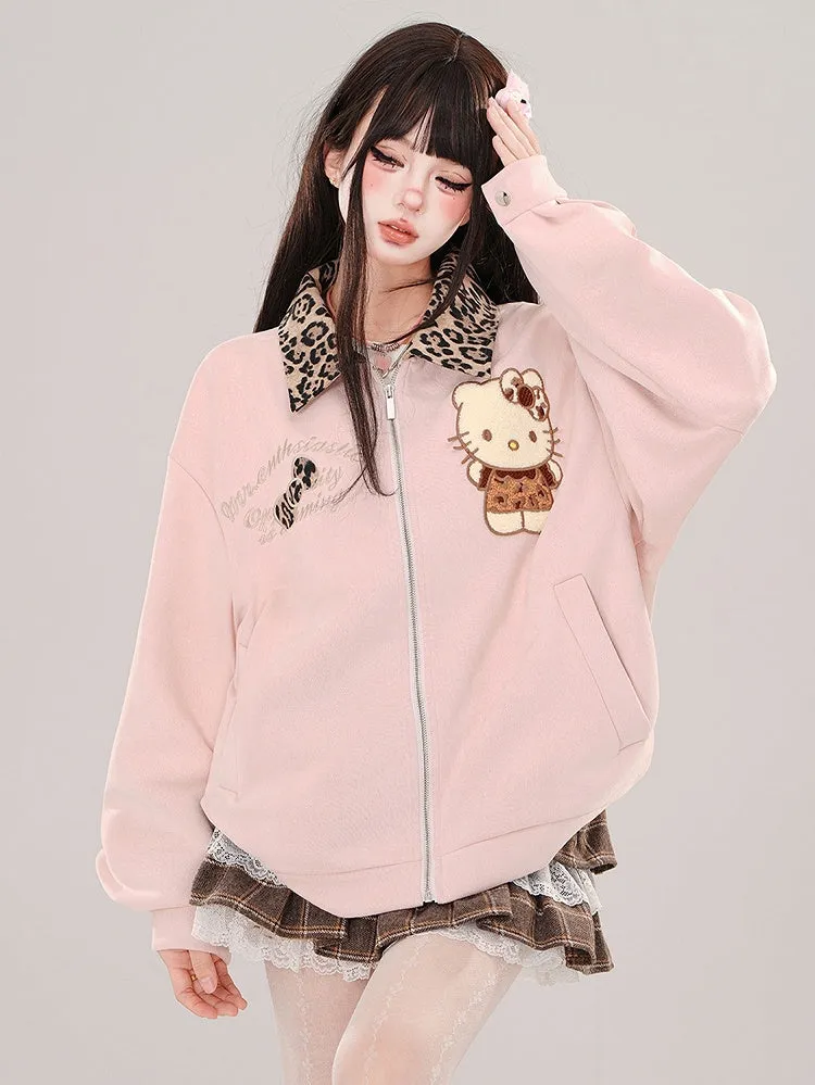 Pink Kitty Leopard Collar Baseball Jacket