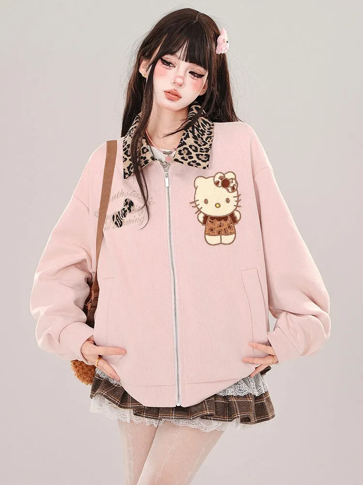 Pink Kitty Leopard Collar Baseball Jacket