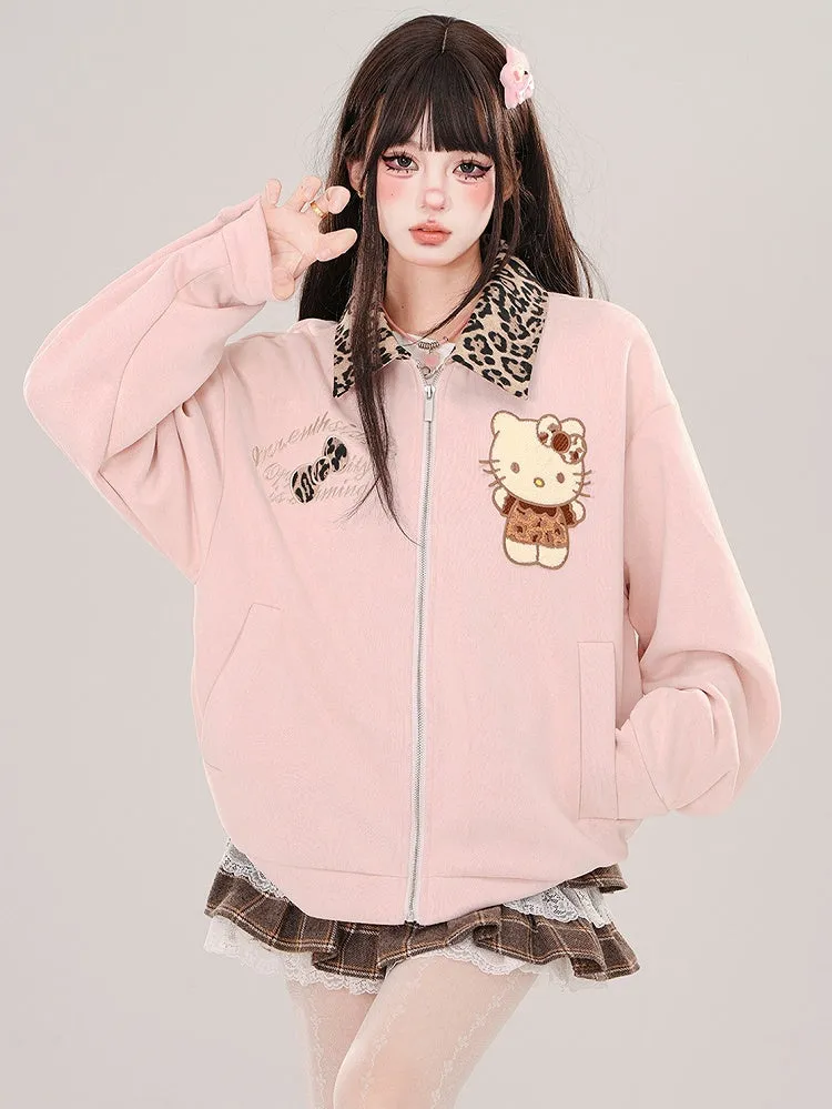 Pink Kitty Leopard Collar Baseball Jacket