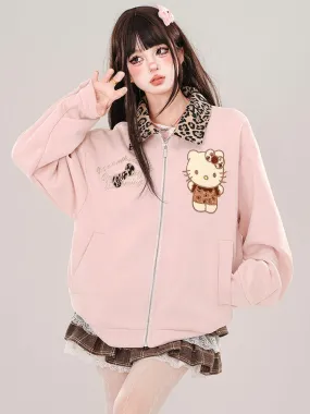 Pink Kitty Leopard Collar Baseball Jacket