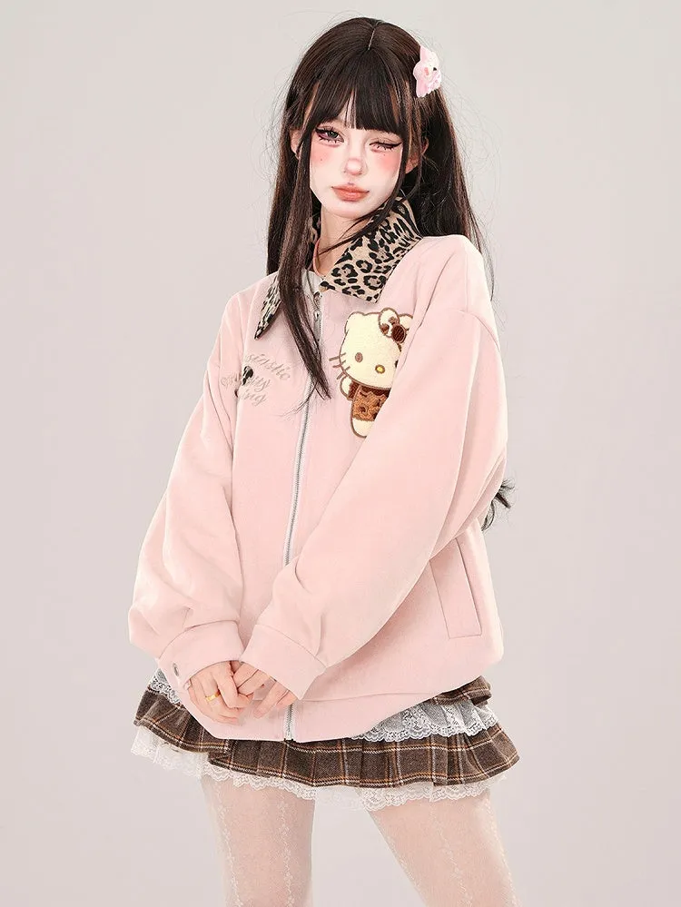 Pink Kitty Leopard Collar Baseball Jacket
