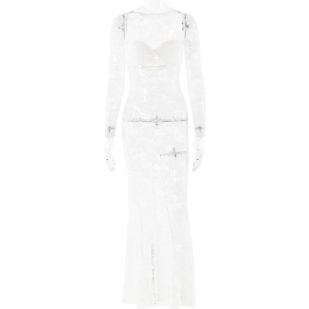 REALAIOT 2025 2025 trade cross-border New summer new sexy dress lace perspective long-sleeved slim dress