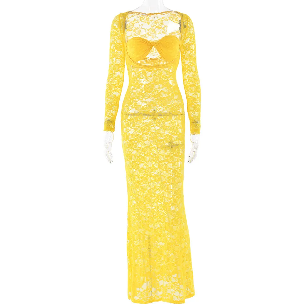 REALAIOT 2025 2025 trade cross-border New summer new sexy dress lace perspective long-sleeved slim dress