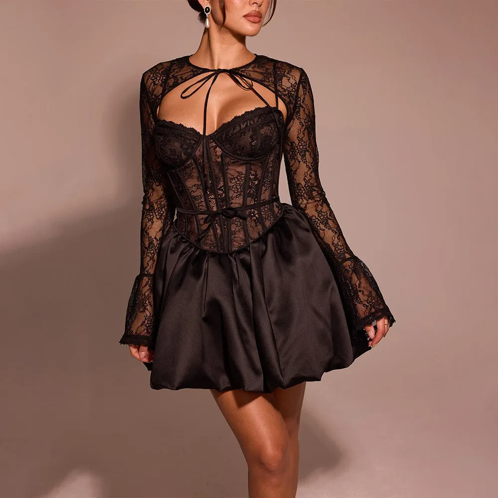 REALAIOT 2025 sexy women's dresses, cross-border 's new sexy long-sleeved lace tube top splicing A-shaped skirt