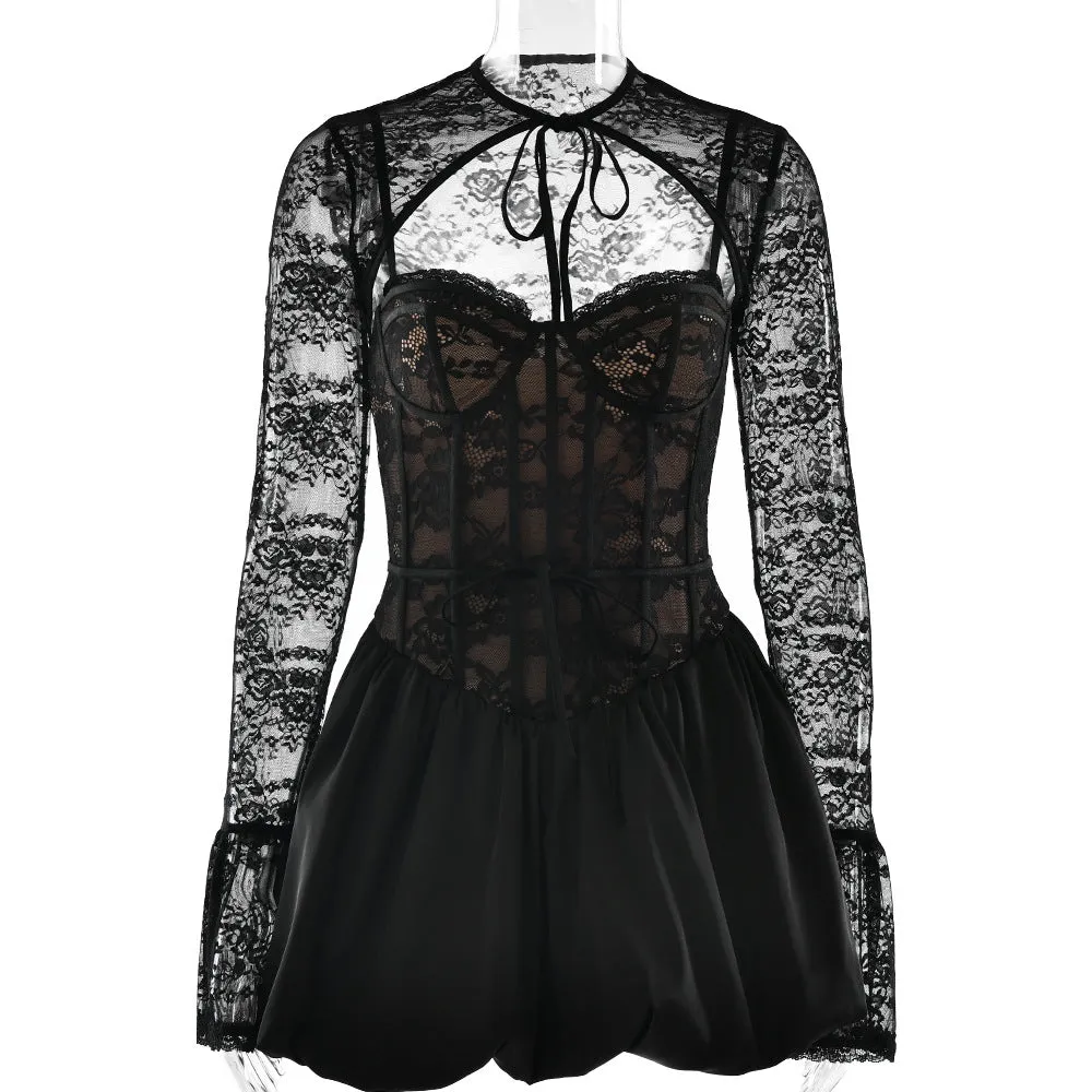 REALAIOT 2025 sexy women's dresses, cross-border 's new sexy long-sleeved lace tube top splicing A-shaped skirt
