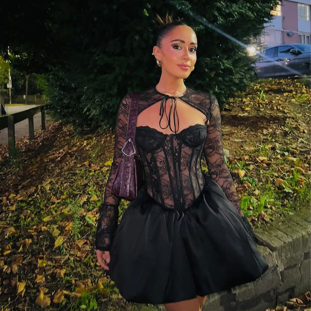 REALAIOT 2025 sexy women's dresses, cross-border 's new sexy long-sleeved lace tube top splicing A-shaped skirt