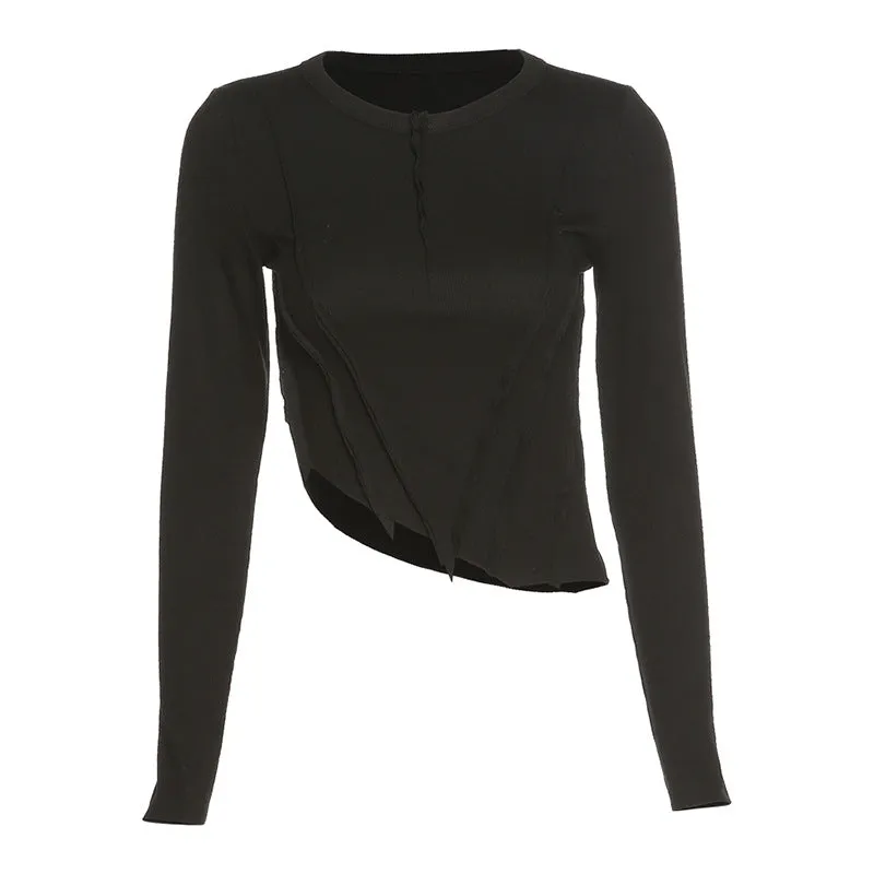 Round neck long-sleeved fashion folds temperament slimming navel t-shirt