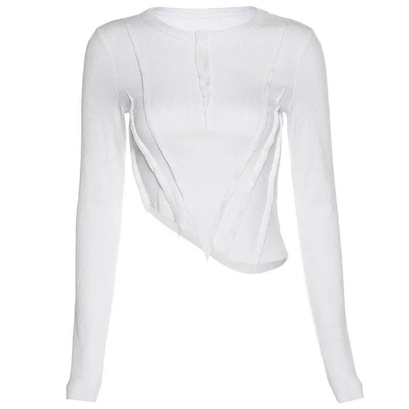 Round neck long-sleeved fashion folds temperament slimming navel t-shirt