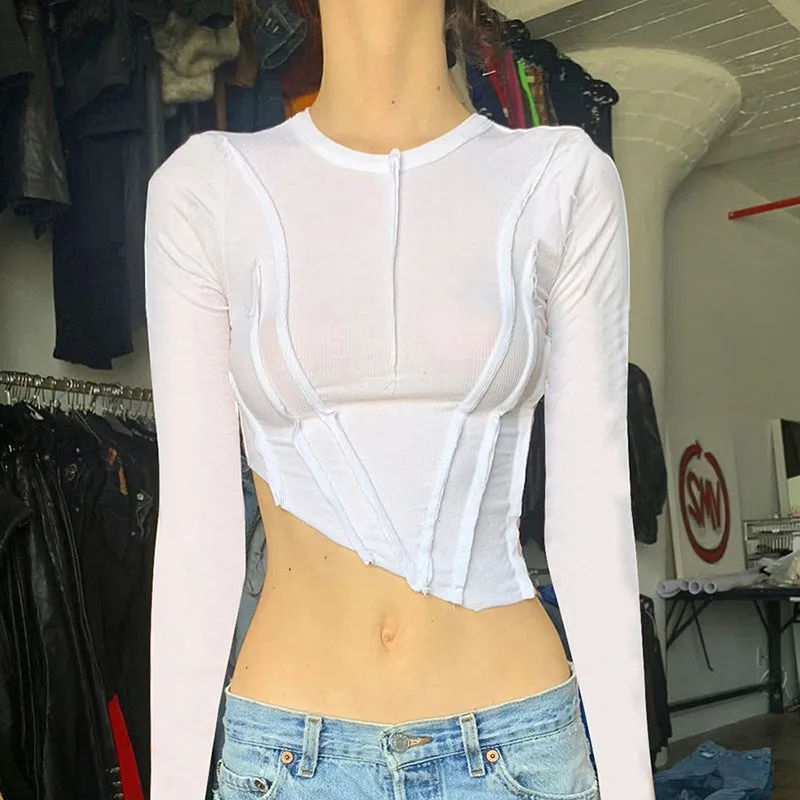 Round neck long-sleeved fashion folds temperament slimming navel t-shirt