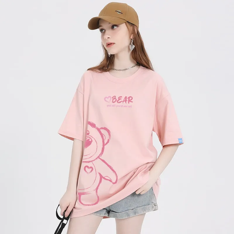 Summer American Style Cartoon Bear Cartoon Print T-shirt