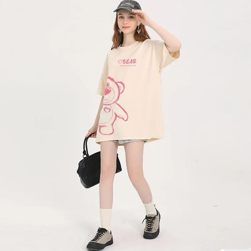 Summer American Style Cartoon Bear Cartoon Print T-shirt