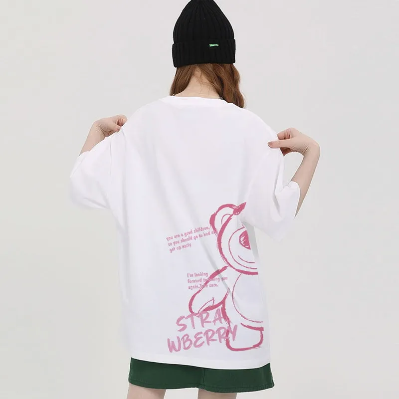 Summer American Style Cartoon Bear Cartoon Print T-shirt