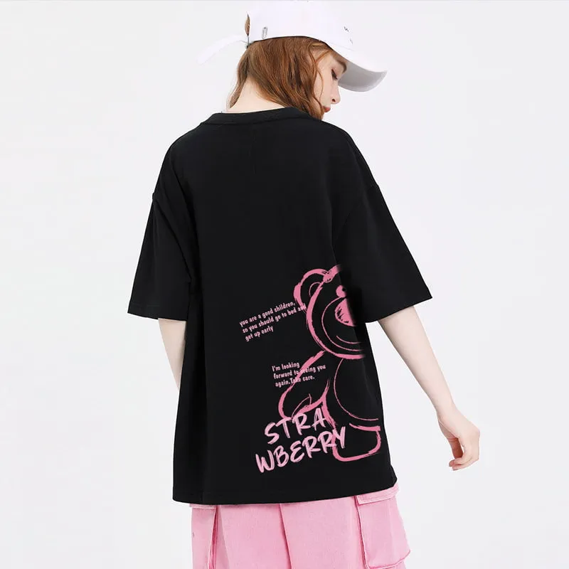 Summer American Style Cartoon Bear Cartoon Print T-shirt