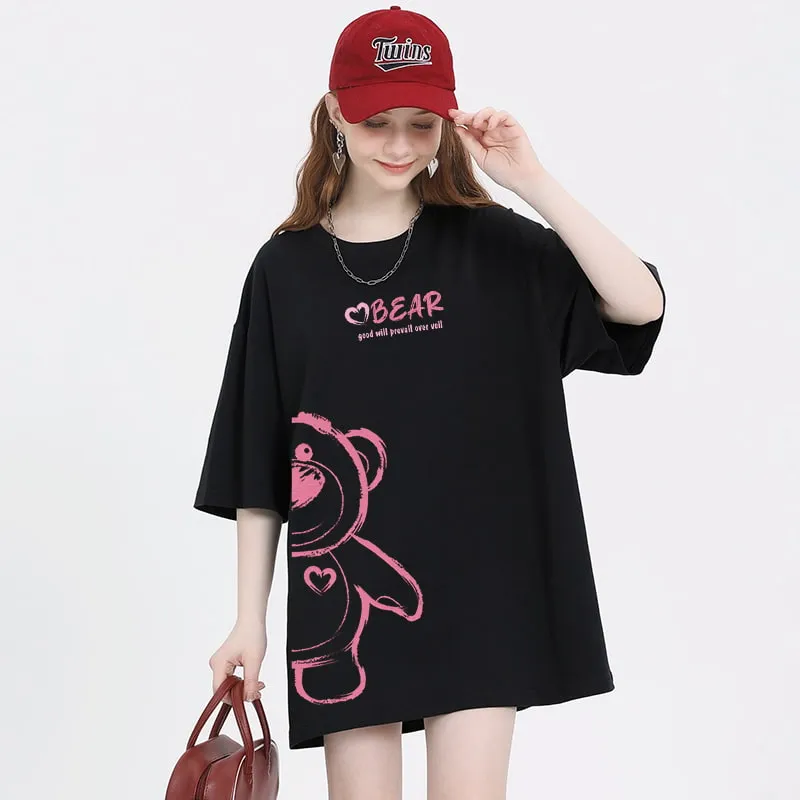 Summer American Style Cartoon Bear Cartoon Print T-shirt