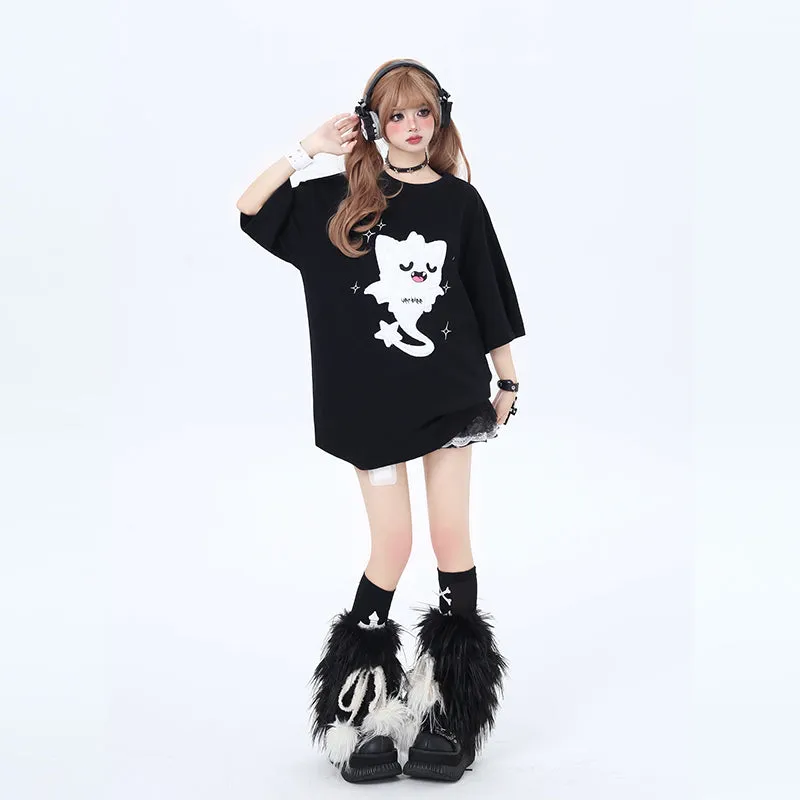 Summer Sweet Girly Style Cartoon Ghost Cat Print T-shirt