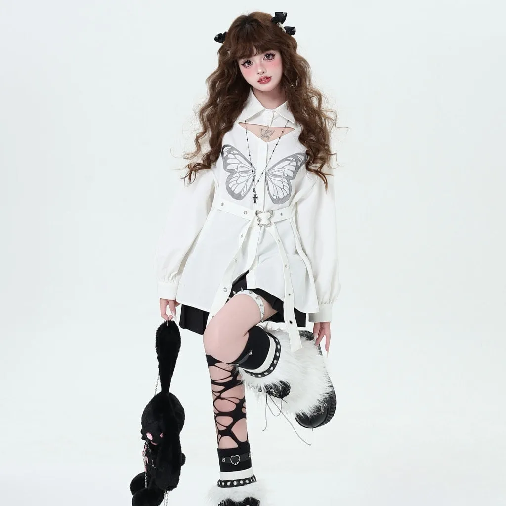 Sweet Cool Girl Style Butterfly Embroidered Long-Sleeved Blouse