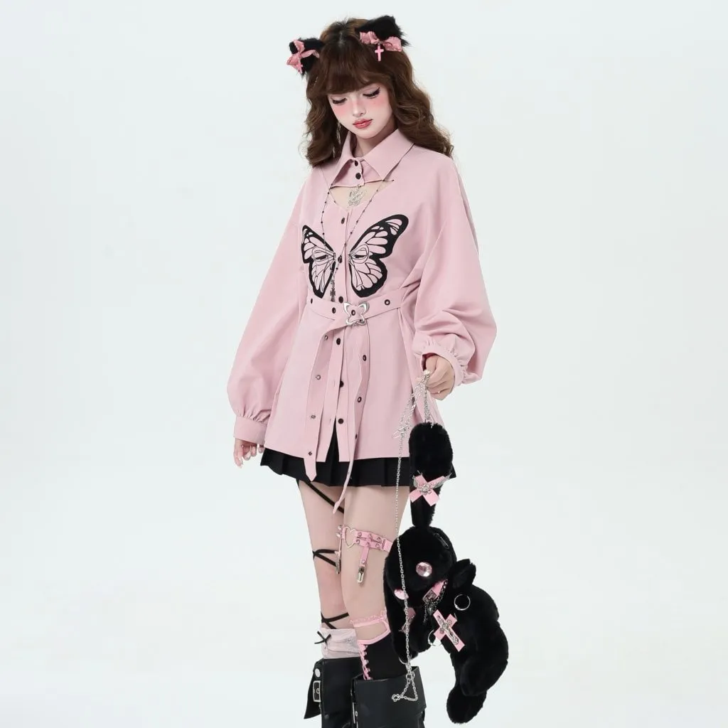 Sweet Cool Girl Style Butterfly Embroidered Long-Sleeved Blouse