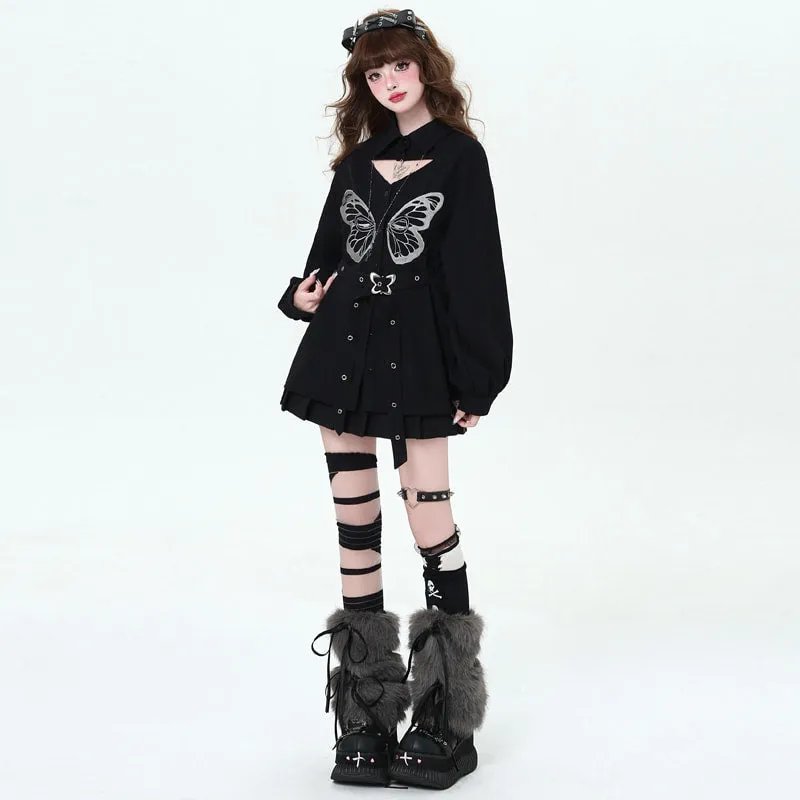 Sweet Cool Girl Style Butterfly Embroidered Long-Sleeved Blouse
