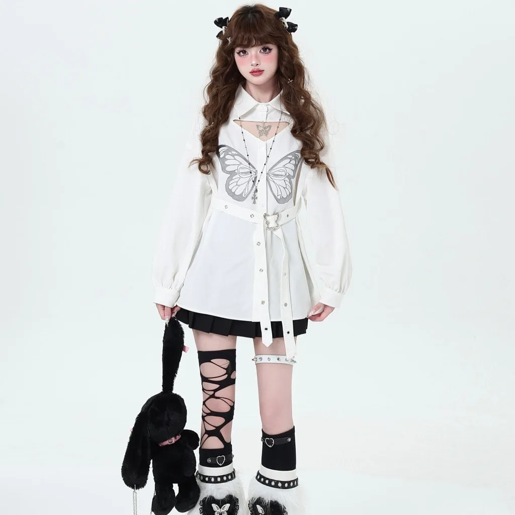 Sweet Cool Girl Style Butterfly Embroidered Long-Sleeved Blouse