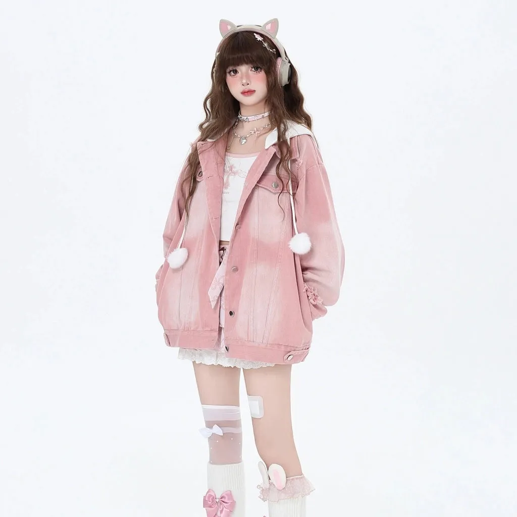 Sweet Cool Girl Style Fake Two-Piece Hooded Denim Coat