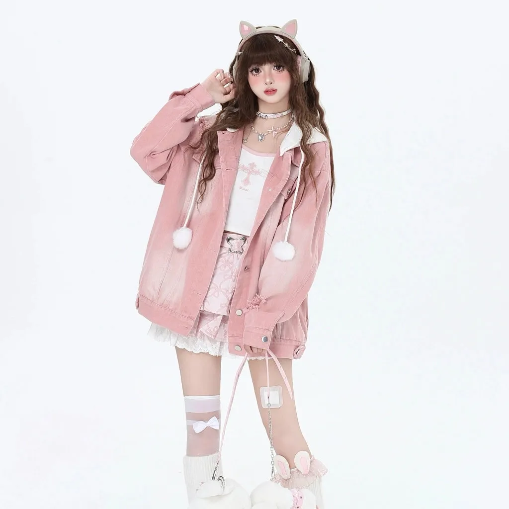 Sweet Cool Girl Style Fake Two-Piece Hooded Denim Coat
