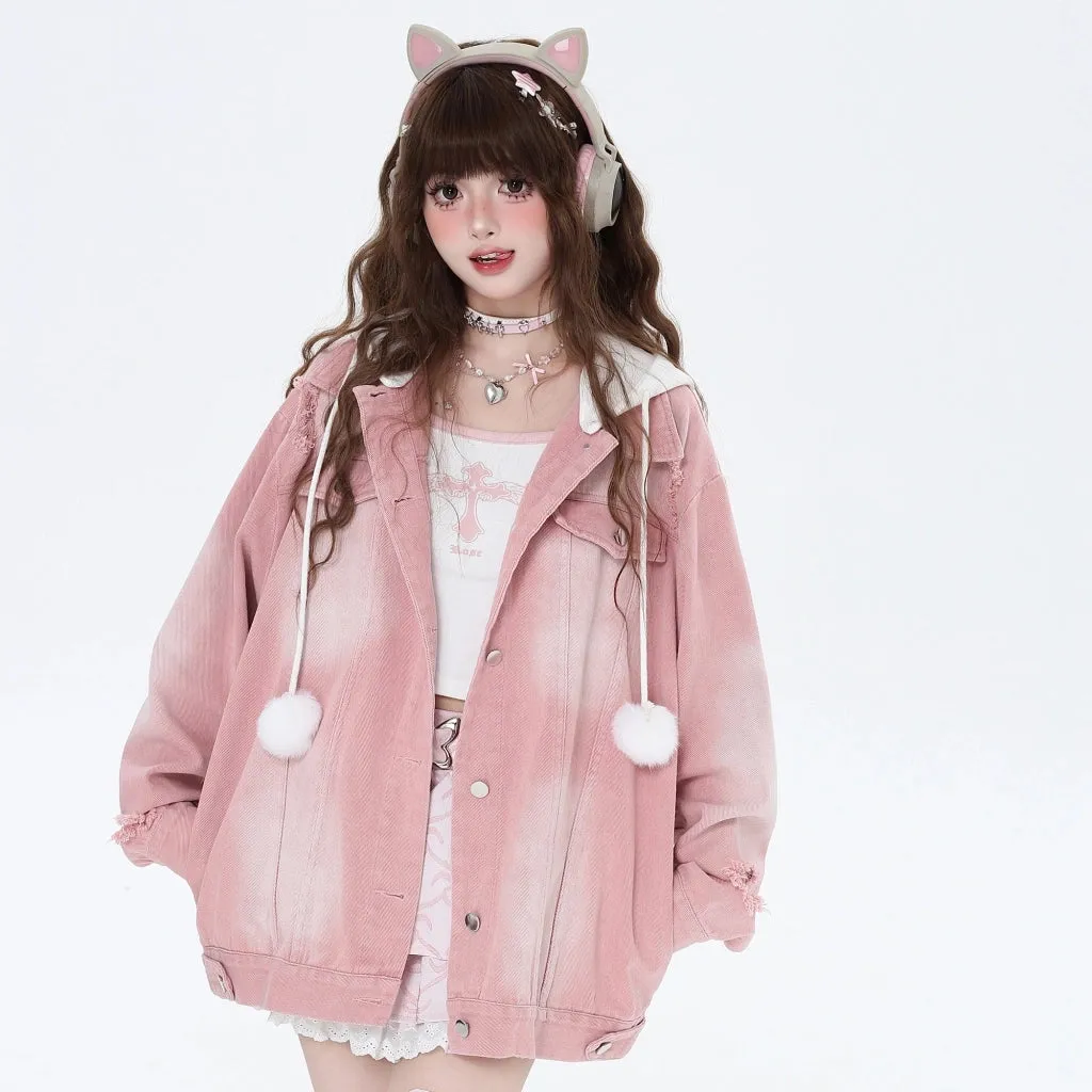 Sweet Cool Girl Style Fake Two-Piece Hooded Denim Coat