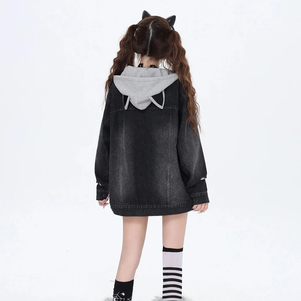 Sweet Cool Girl Style Fake Two-Piece Hooded Denim Coat