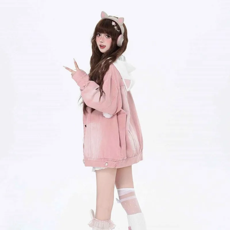 Sweet Cool Girl Style Fake Two-Piece Hooded Denim Coat